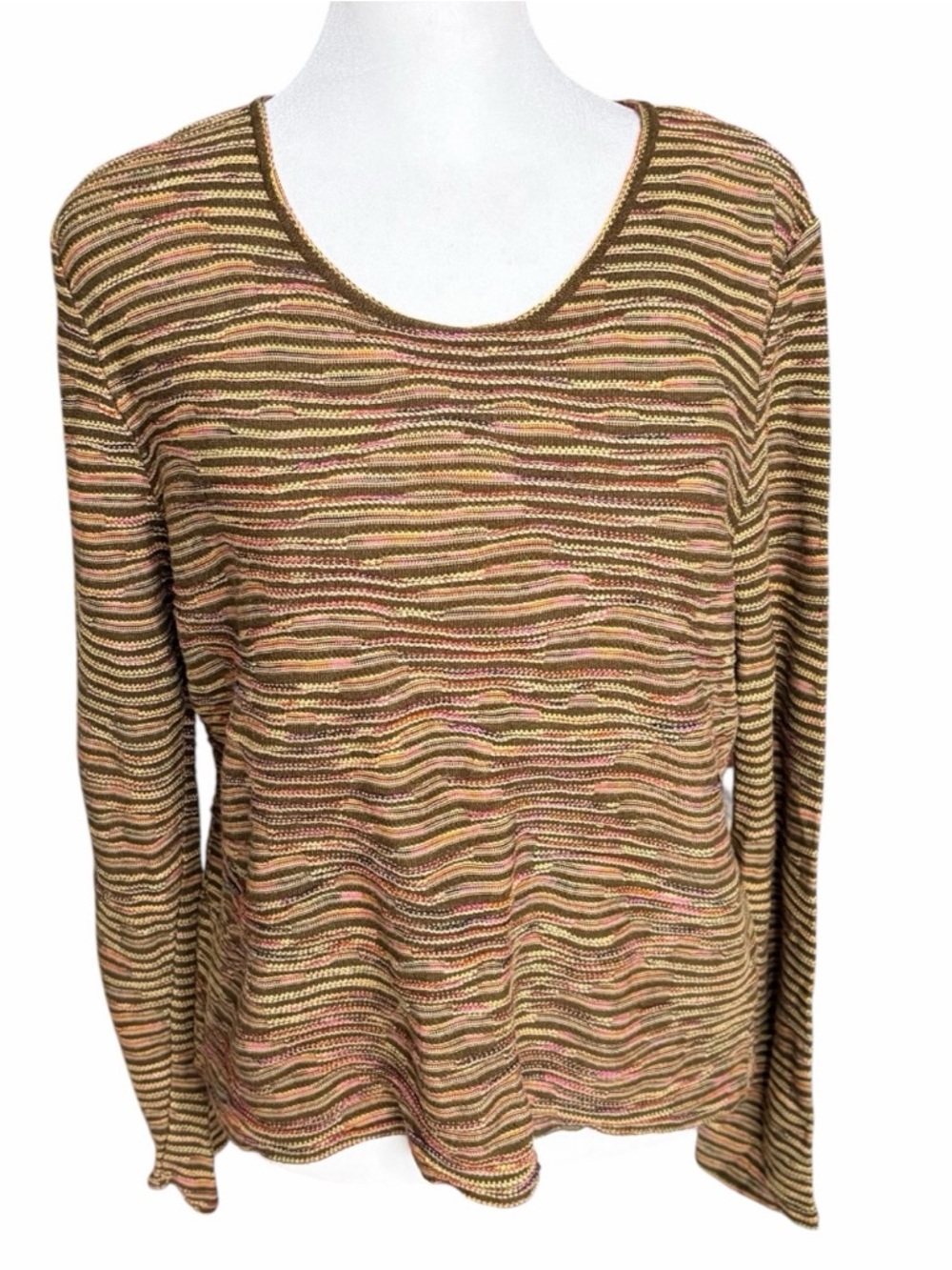 Sigrid Olsen Multicolor Striped Knit Top in Olive, Pink & Cream